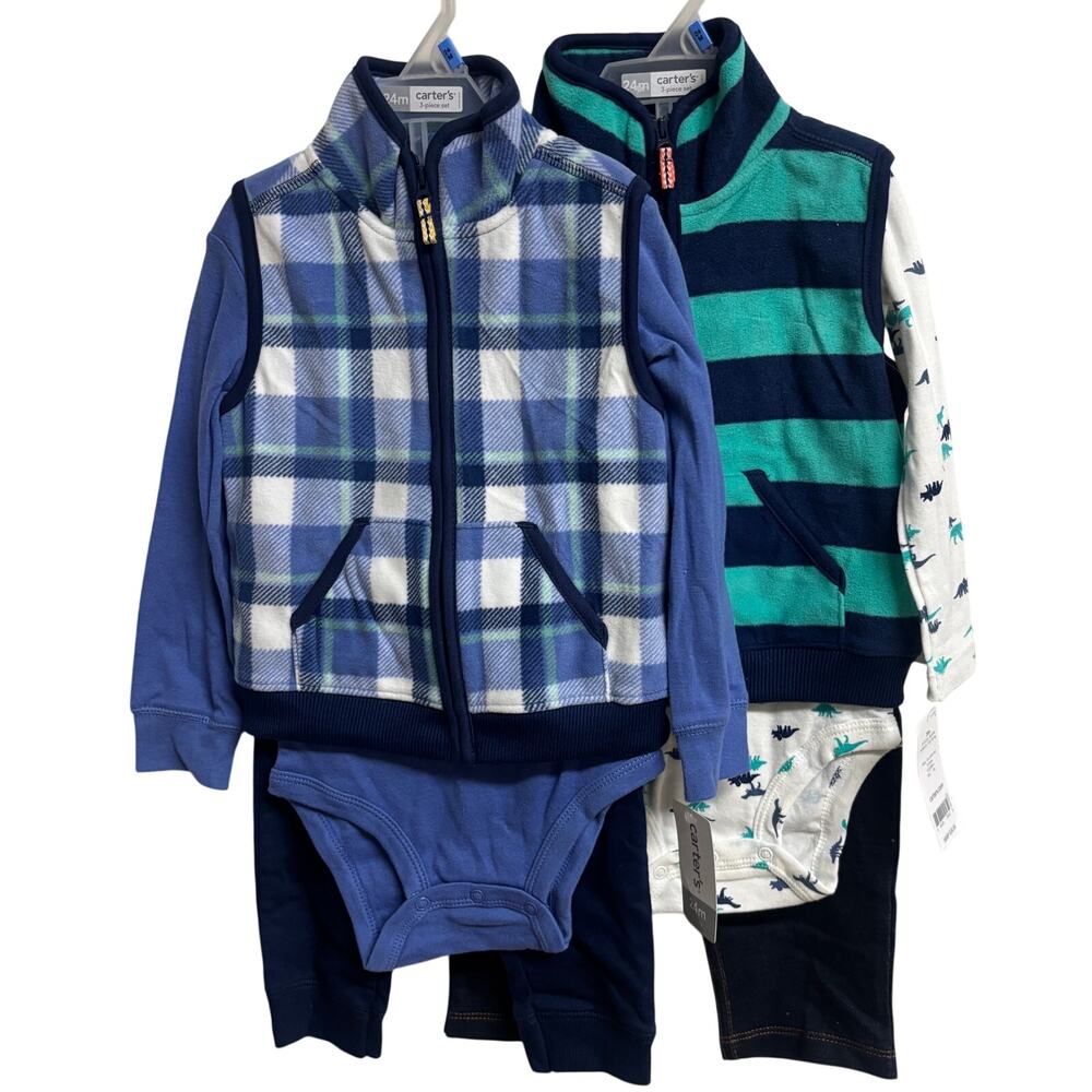 Carter’s Baby Boy 2 Sets 24M Vest Outfit Bundle Bodysuit Pants Plaid Dino New